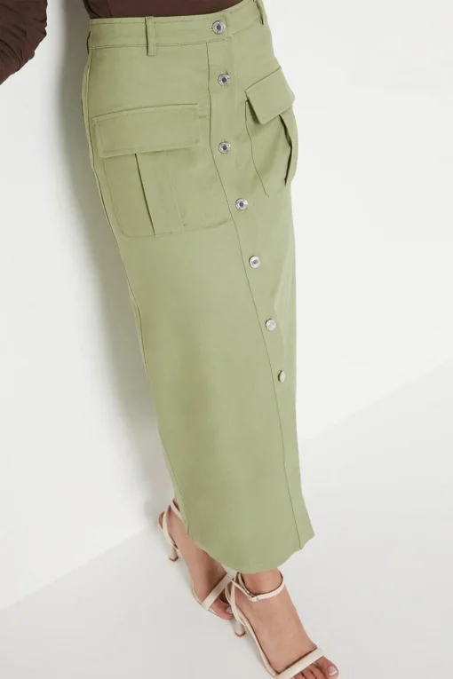 Petite Twill Pocket Button Through Maxi Skirt