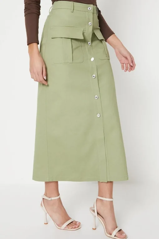 Petite Twill Pocket Button Through Maxi Skirt