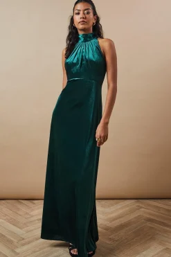 Petite Velvet Halter Bias Cut Maxi Bridesmaids Dress