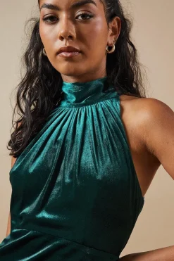 Petite Velvet Halter Bias Cut Maxi Bridesmaids Dress