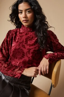 Petite Velvet High Neck Button Detail Blouse
