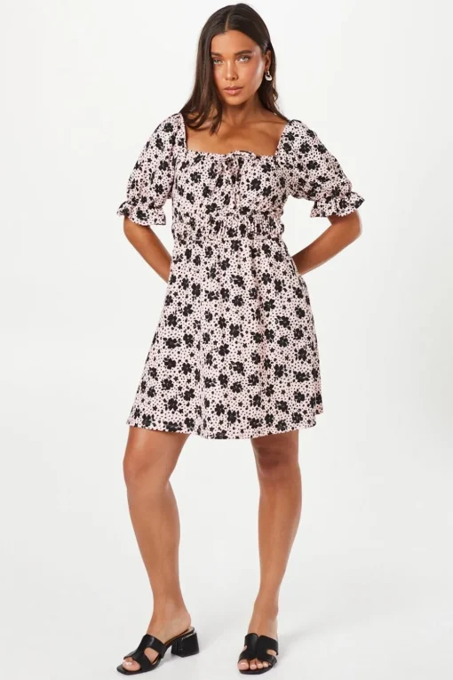 Petite Waist Detail Puff Sleeve Mini Dress