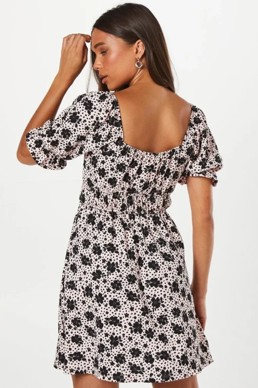 Petite Waist Detail Puff Sleeve Mini Dress