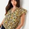 Petite Yellow Floral Button Front Ruffle Shell Top