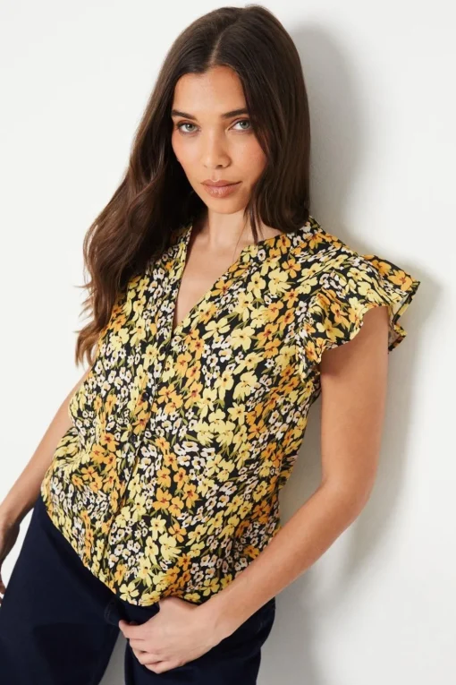 Petite Yellow Floral Button Front Ruffle Shell Top