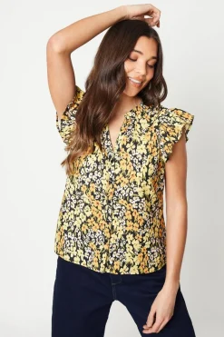 Petite Yellow Floral Button Front Ruffle Shell Top