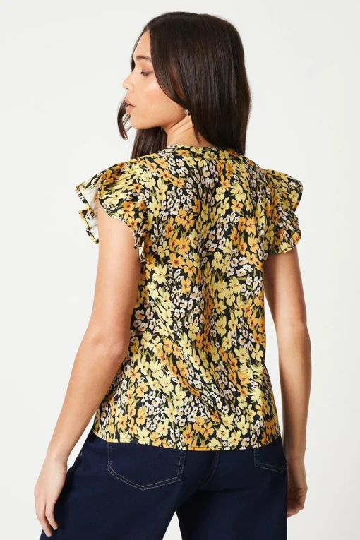 Petite Yellow Floral Button Front Ruffle Shell Top