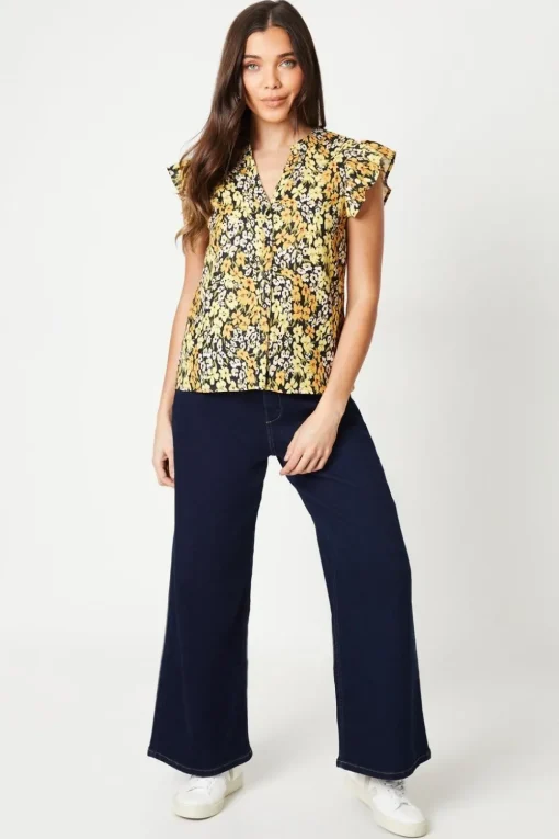 Petite Yellow Floral Button Front Ruffle Shell Top