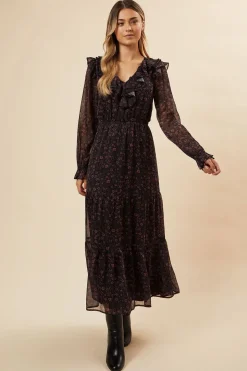 Pink Ditsy Chiffon Ruffle Midaxi Dress