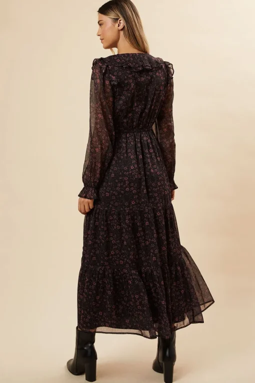 Pink Ditsy Chiffon Ruffle Midaxi Dress