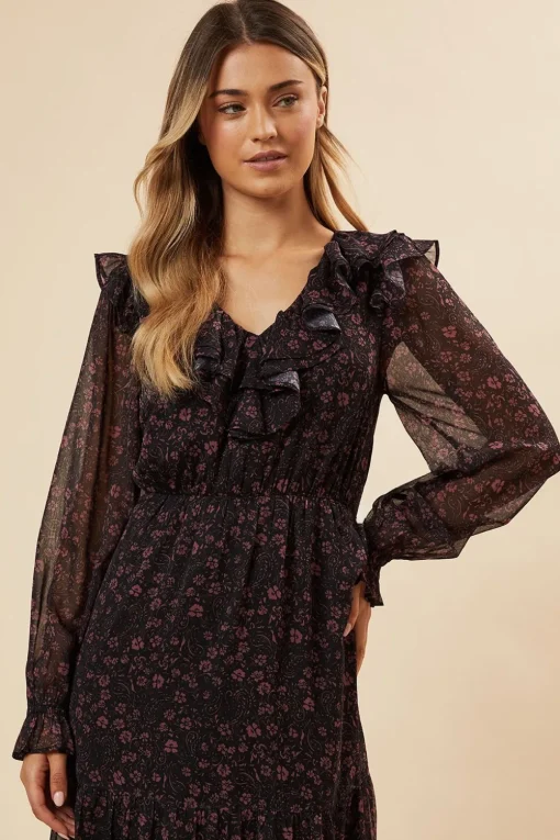 Pink Ditsy Chiffon Ruffle Midaxi Dress