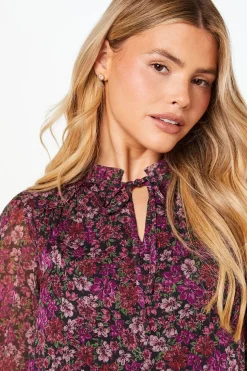 Pink Ditsy Floral Chiffon Ruffle Shoulder Overhead Blouse