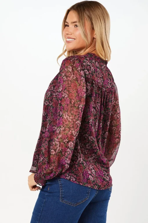 Pink Ditsy Floral Chiffon Ruffle Shoulder Overhead Blouse