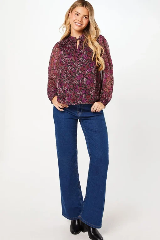 Pink Ditsy Floral Chiffon Ruffle Shoulder Overhead Blouse