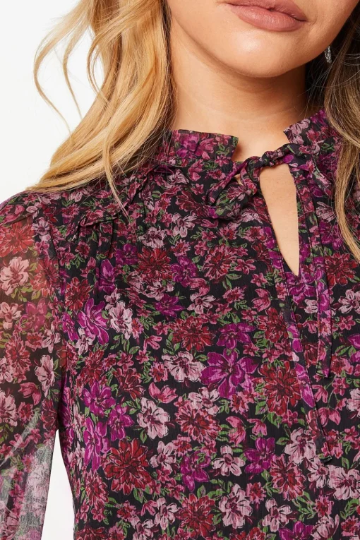 Pink Ditsy Floral Chiffon Ruffle Shoulder Overhead Blouse