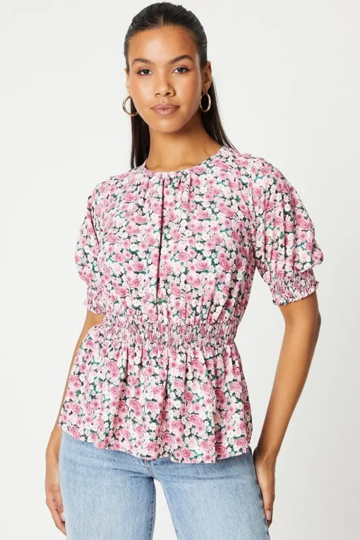 Pink Ditsy Shirred Waist Blouse