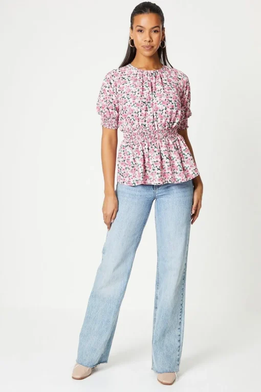 Pink Ditsy Shirred Waist Blouse