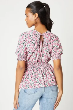 Pink Ditsy Shirred Waist Blouse