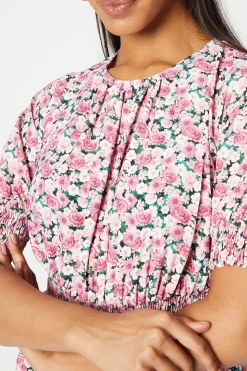 Pink Ditsy Shirred Waist Blouse