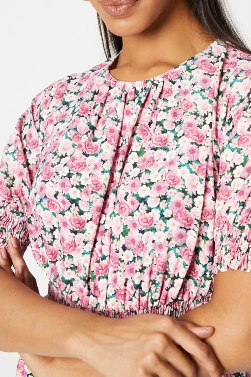 Pink Ditsy Shirred Waist Blouse