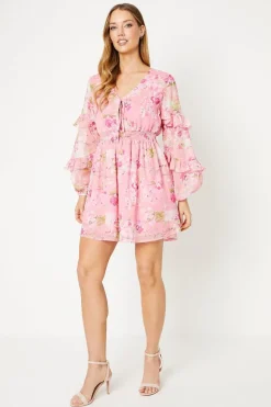 Pink Floral Chiffon Frill Mini Dress