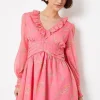 Pink Floral Chiffon Frill Neckline Waisted Mini Dress