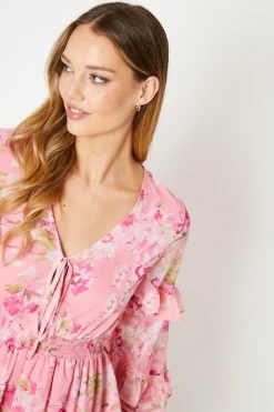 Pink Floral Chiffon Frill Mini Dress