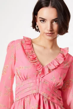 Pink Floral Chiffon Frill Neckline Waisted Mini Dress
