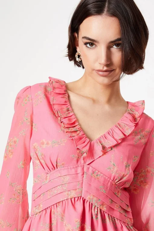 Pink Floral Chiffon Frill Neckline Waisted Mini Dress