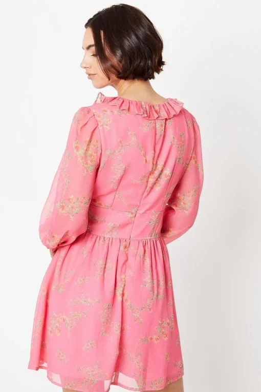 Pink Floral Chiffon Frill Neckline Waisted Mini Dress