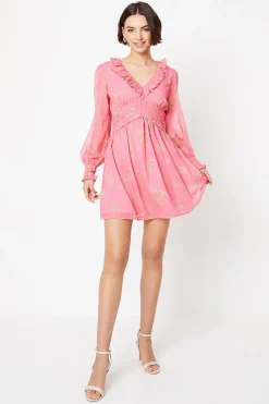 Pink Floral Chiffon Frill Neckline Waisted Mini Dress