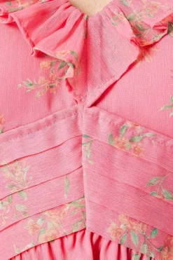 Pink Floral Chiffon Frill Neckline Waisted Mini Dress