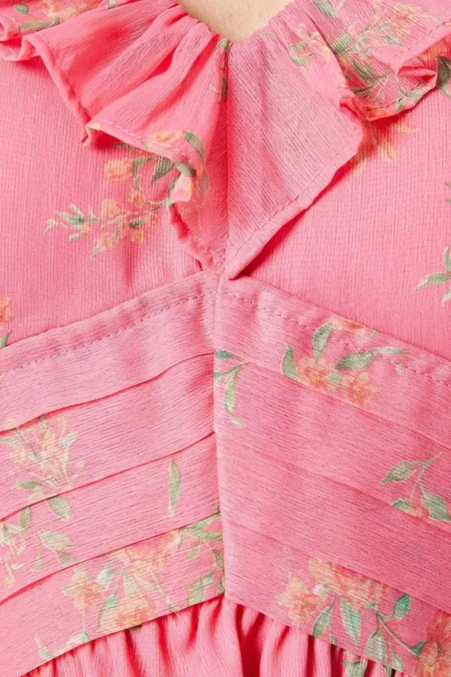 Pink Floral Chiffon Frill Neckline Waisted Mini Dress