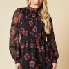 Pink Floral Chiffon Pleated Yoke Mini Dress
