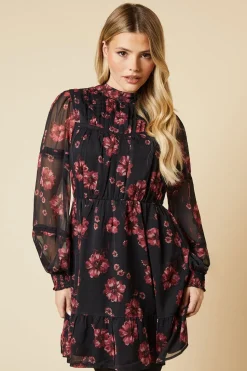 Pink Floral Chiffon Pleated Yoke Mini Dress