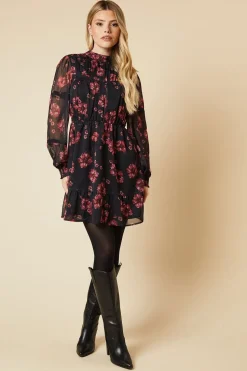 Pink Floral Chiffon Pleated Yoke Mini Dress
