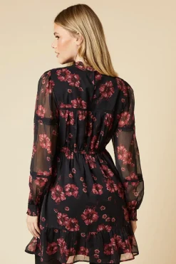 Pink Floral Chiffon Pleated Yoke Mini Dress
