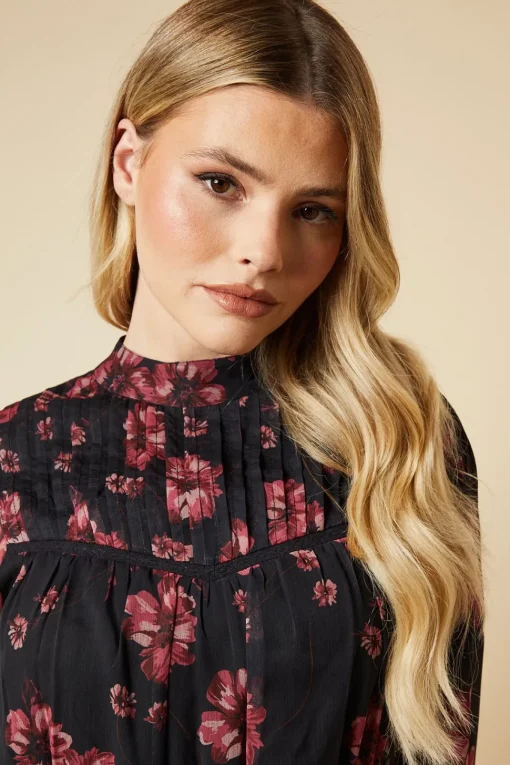 Pink Floral Chiffon Pleated Yoke Mini Dress