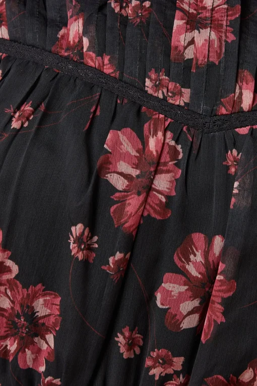 Pink Floral Chiffon Pleated Yoke Mini Dress