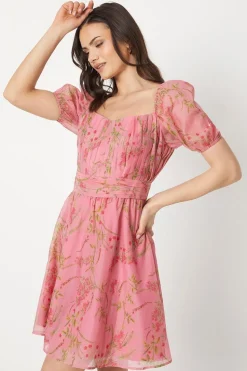 Pink Floral Ruched Bust Organza Mini Dress