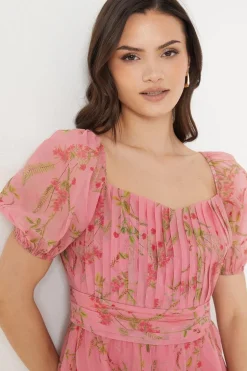 Pink Floral Ruched Bust Organza Mini Dress