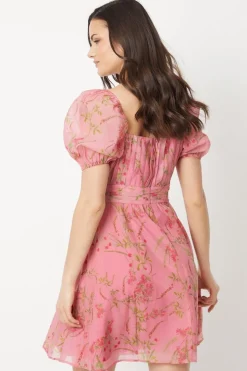 Pink Floral Ruched Bust Organza Mini Dress