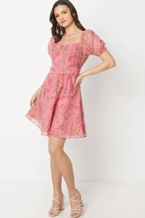 Pink Floral Ruched Bust Organza Mini Dress
