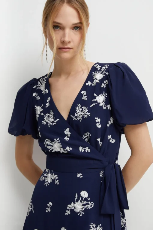 Placement Embroidery Puff Sleeve Bridesmaids Maxi Dress