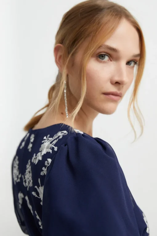 Placement Embroidery Puff Sleeve Bridesmaids Maxi Dress
