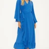 Plain Flute Sleeve Ruffle Wrap Dress