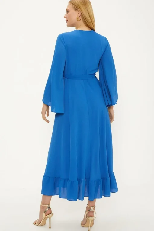 Plain Flute Sleeve Ruffle Wrap Dress
