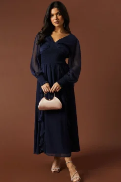 Plain Ruffle Detail Shirred Waist Midaxi Dress