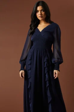 Plain Ruffle Detail Shirred Waist Midaxi Dress