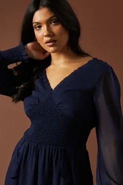 Plain Ruffle Detail Shirred Waist Midaxi Dress
